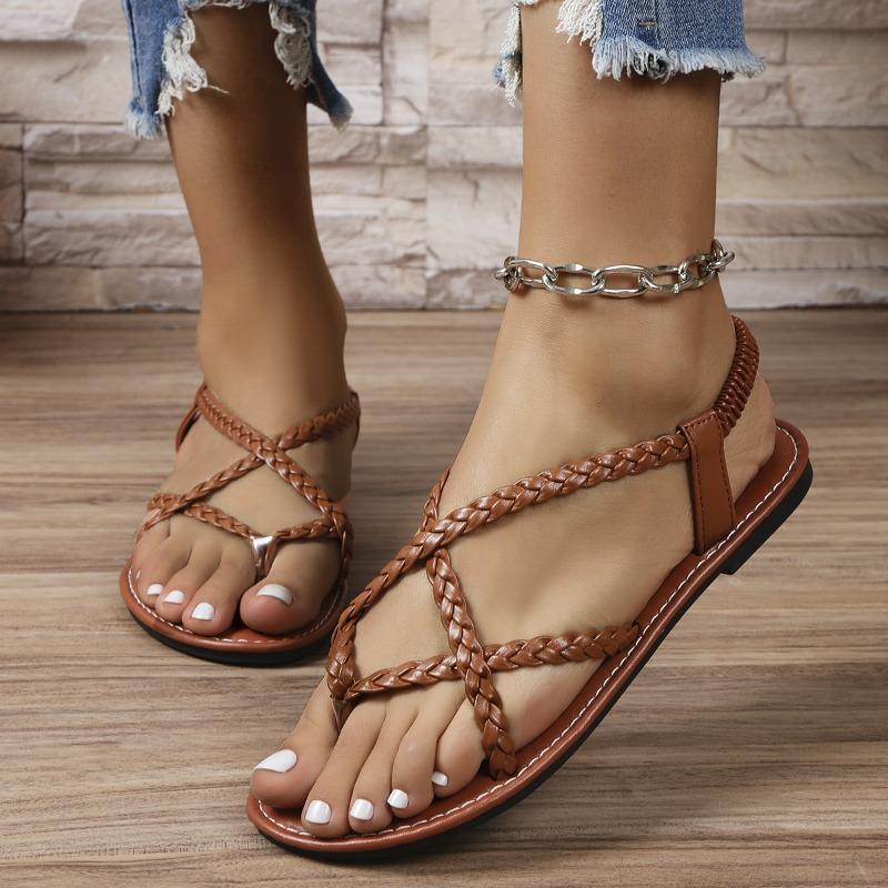 Flat Sandals New Style Popular Summer Solid Color Woven Herculean Flip-toe Sandals Women Wear Beach Sandals Zapatos Mujer