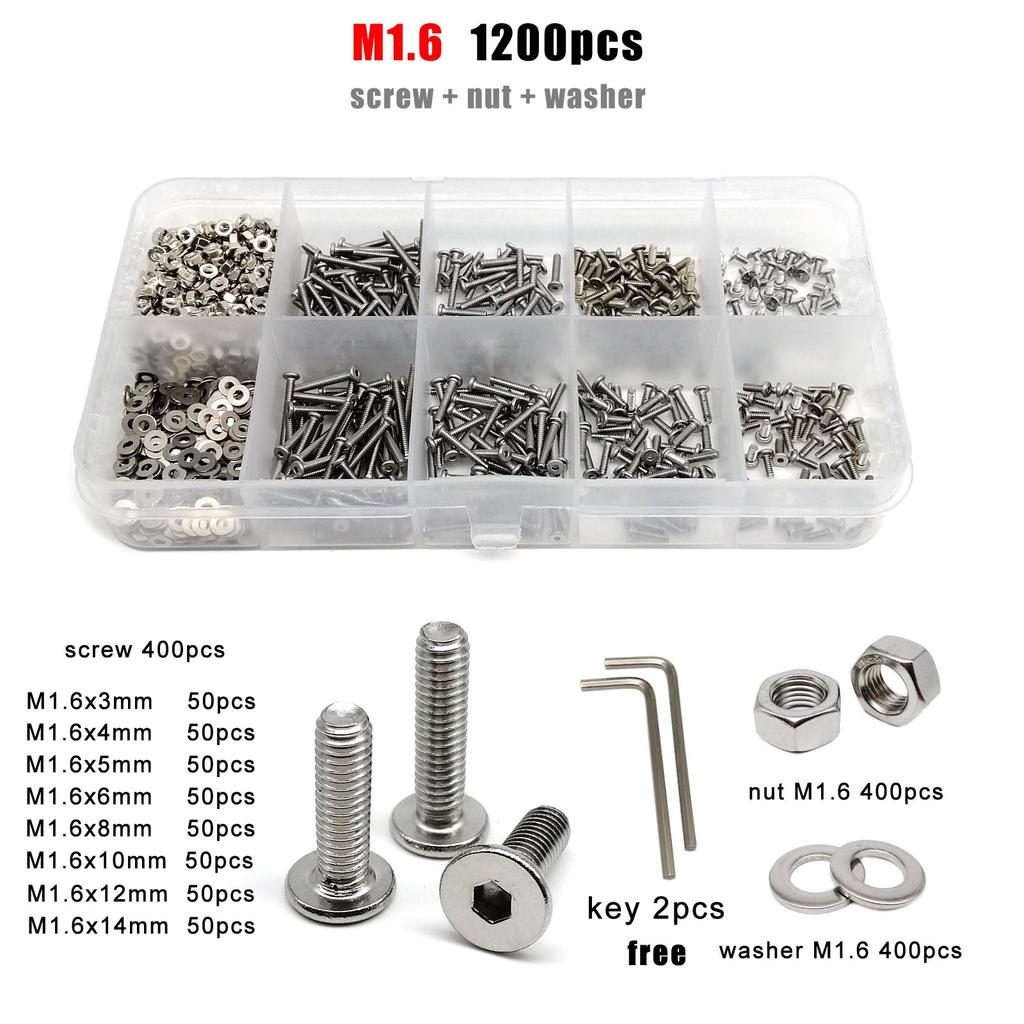 1 Kasten M1.6 M2 M2.5 M3 M4 M5 M6 M8 304 Edelstahl CM Sechskant Innensechskant Ultraflach Linsenkopf Schraube Bolzen Mutter Set Kit