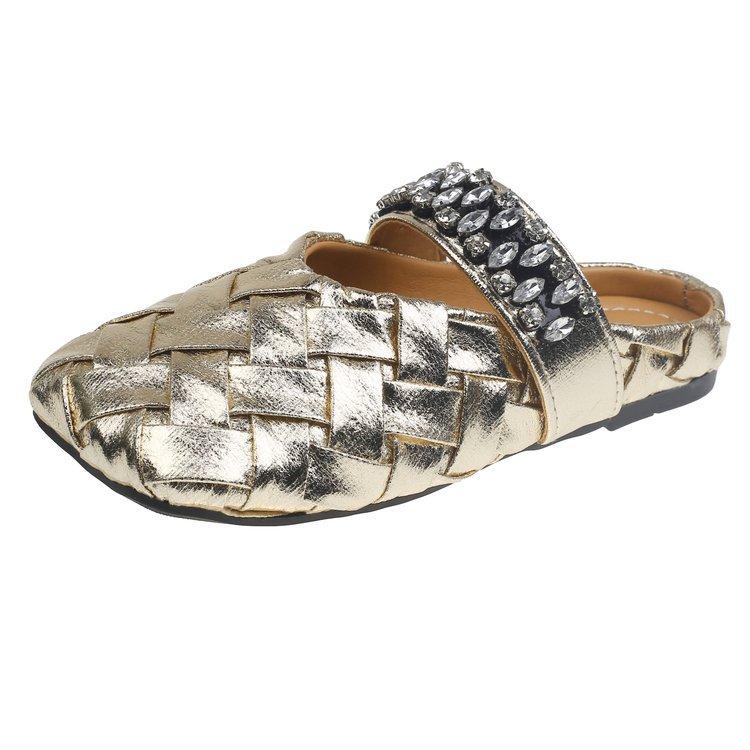 

Half-drag flat-bottom 2025 European and American summer women s slippers, square head rhinestone rear empty sandals 40 золотий