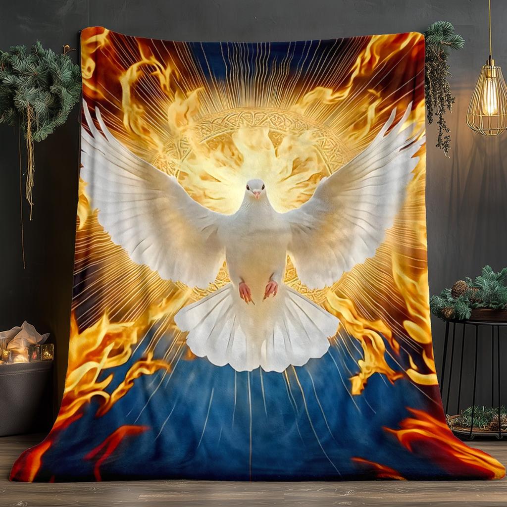 Holy Dove Flame Heaven Religious Symbol Flannel Blanket Spiritual Gift Christian Art Soft Warm Throw Cover for Home WorshipDecor