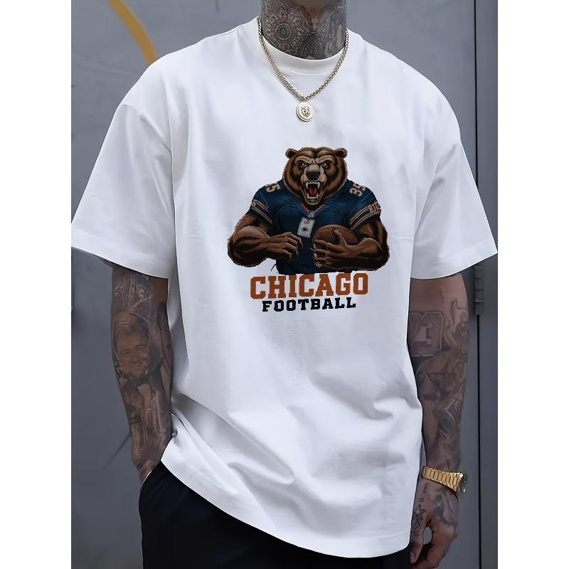 European sizes Men's PLUS SIZE Casual T-Shirt Black Chicago Bear Graphic Print for Sports Fans