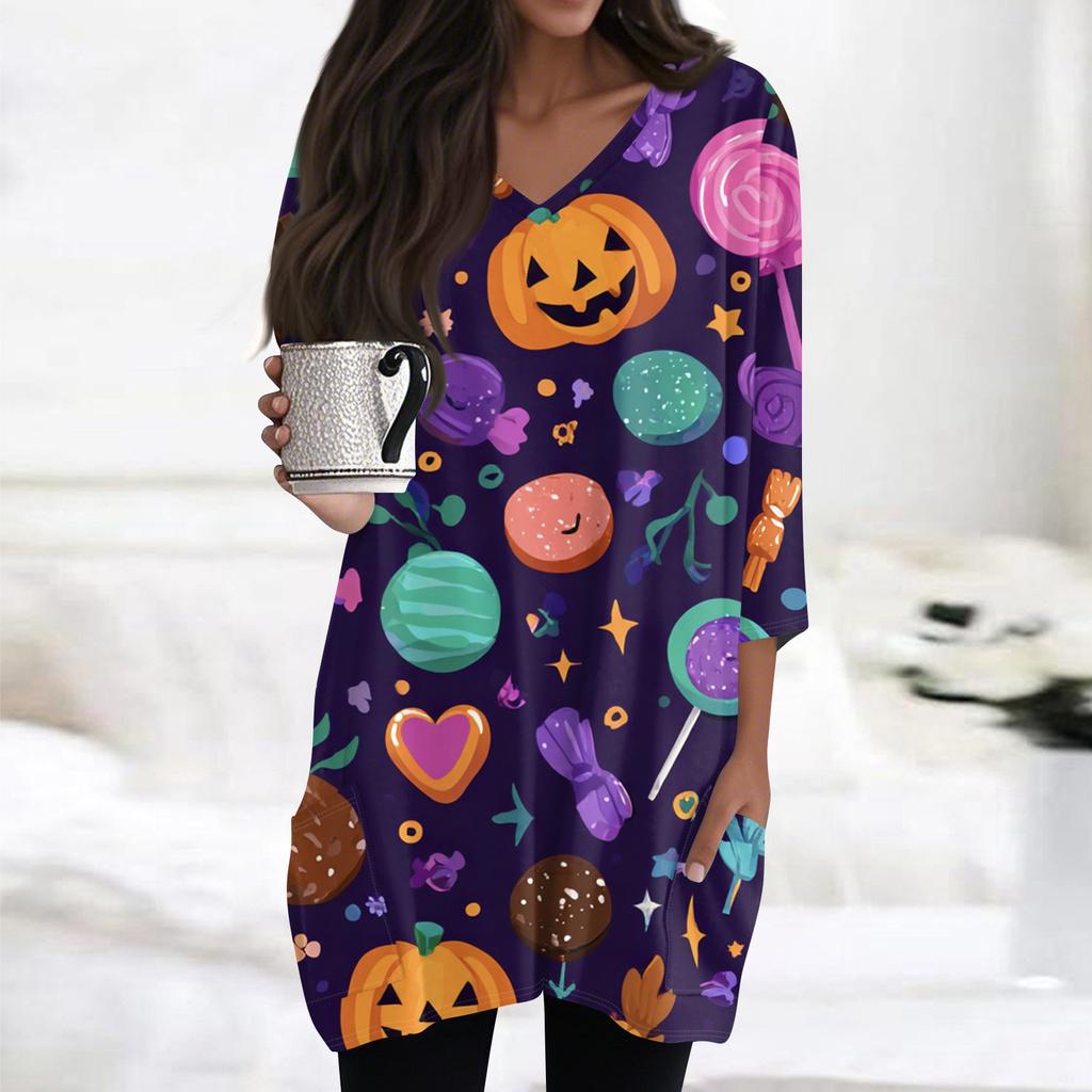Womens's Fashion Casual Halloween Print V-neck Mid Length Pocket 3/4 Sleeve Top