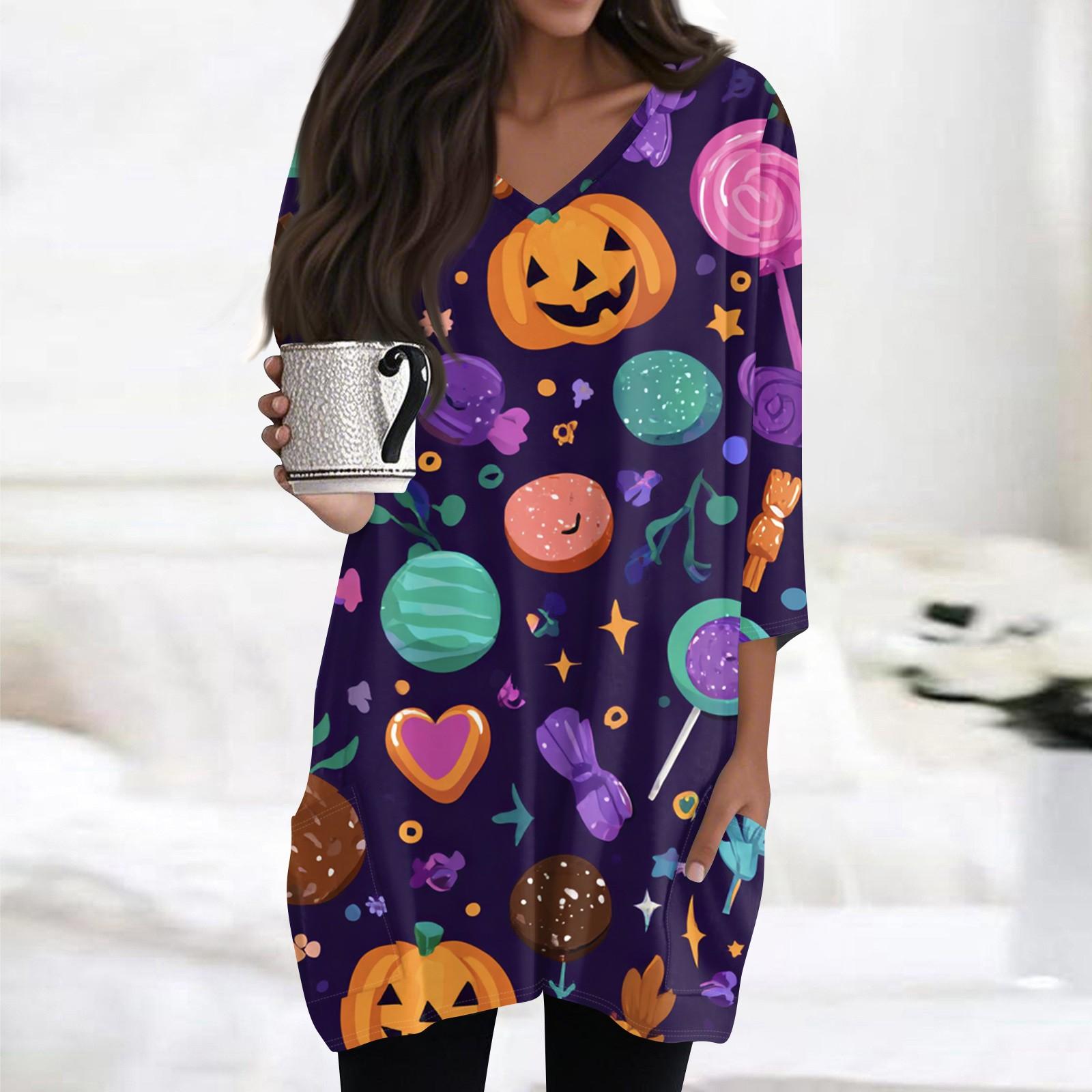 

Женская модная повседневная футболка с принтом на Хэллоуин, V-образным вырезом, средней длины, с карманом, рукавом 3/4 XL