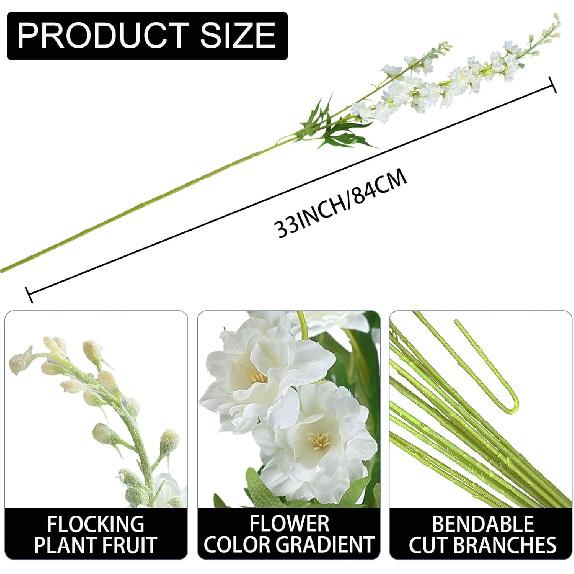5pcs White Delphinium Artificial Flowers, 33" Silk Larkspur Faux Flower with Long Stem Fake Bouquet for Tall Floor Vase Kitchen Home Indoor Hyacinth
