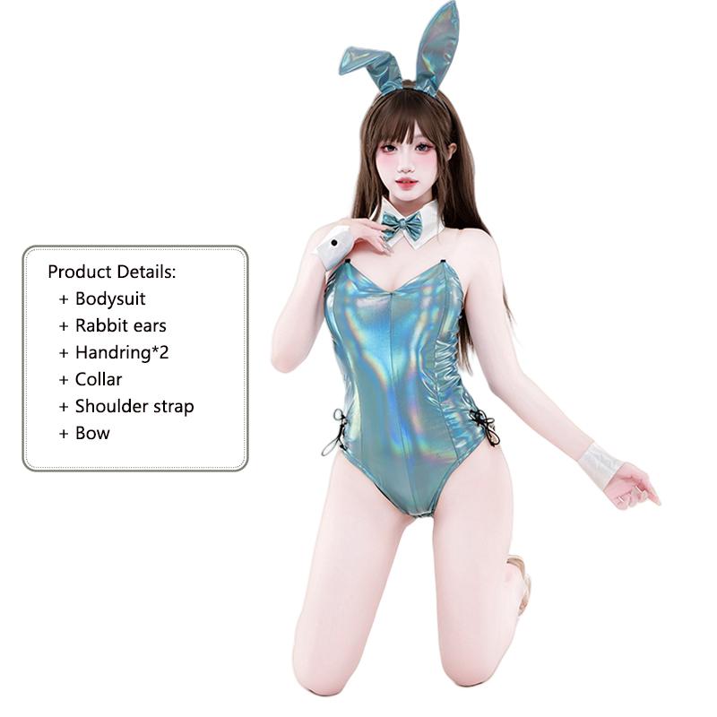 Erotic Original Design Sexy Cute Bunny Girl Cosplay Jumpsuit Anime Laser Patent Leather Bodysuit Girl Halloween Party Uniform