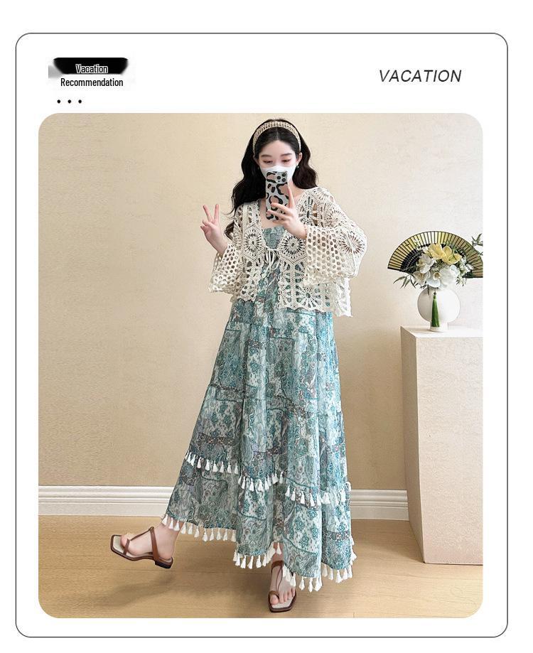 Knit Hollow Cardigan Maternity Set: Slimming Long Dress Two-Piece for Summer 2026, Age-Reducing Holiday Style