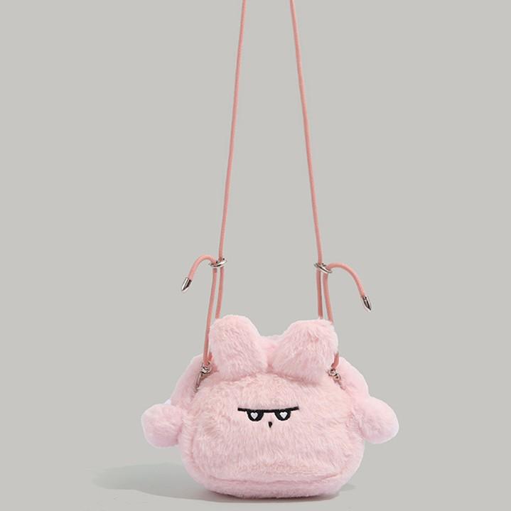 2024 Autumn Winter New Fluffy Pink Bunny Headphone Bag Cute Cartoon Mini Girl Plush Single Shoulder Crossbody Bag