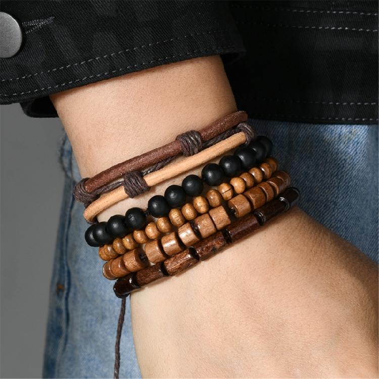 Set of 5Pcs Wooden Bead Coconut Shell Bracelet Elastic Stretch Cord Wristlet Multilayer Adjustable Retro Jewelry Gift