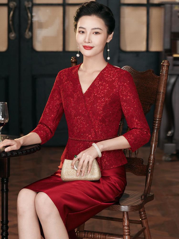 2024 Autumn Slimming Plus-Size Two-Piece Mother of the Bride Dress Set for Middle-Aged Women