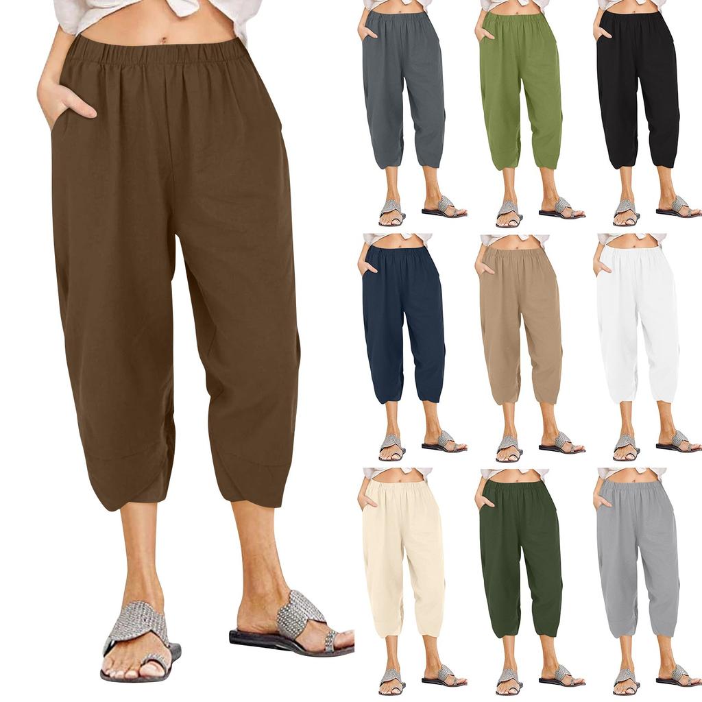 Women's Casual Solid Color Pocket Straight Leg Wide Leg Loose Cropped Pants