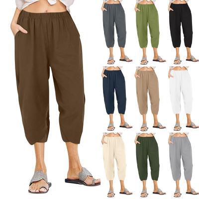 Women's Casual Solid Color Pocket Straight Leg Wide Leg Loose Cropped Pants