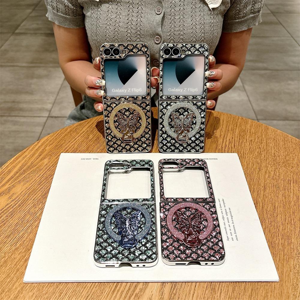 Electroplated Magnetic Leather Phone Case for Samsung Z Flip 6 5 4 3 Flip6 Flip5 Flip4 Flip3 Butterfly Bracket Protective Cover