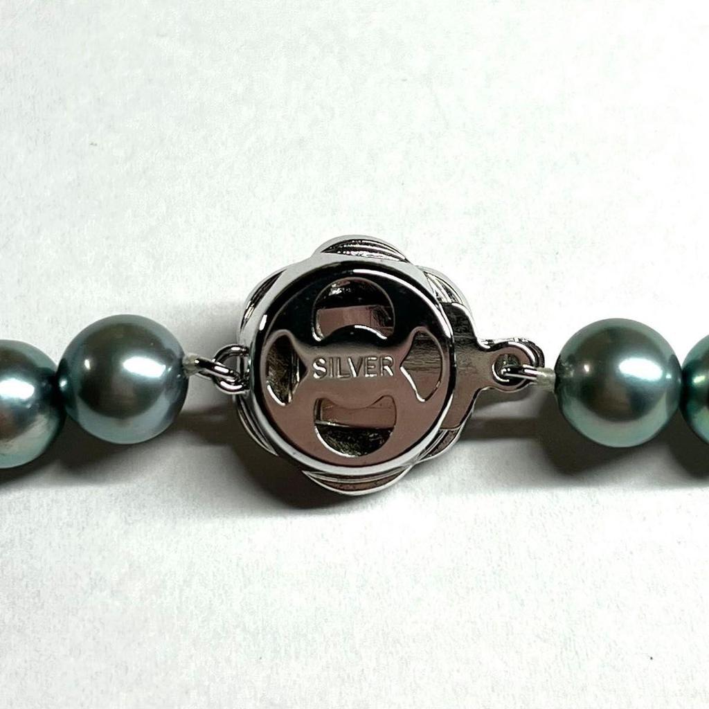 Used Strong Akoya Pearl Necklace 7.5-8.0mm Cobalt Blue Silver Engraved Pearl Necklace