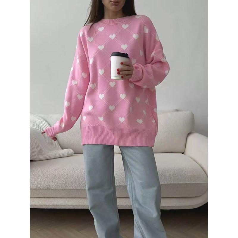 

Мода Ветер Новое поступление Трикотаж Пуловер с сердечками Свитер с круглым вырезом Вязаный свитер в форме сердца Pink S