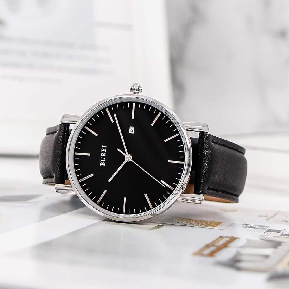 BUREI Men's Simple Stylish Watch Leather Band Slim Design Timepiece