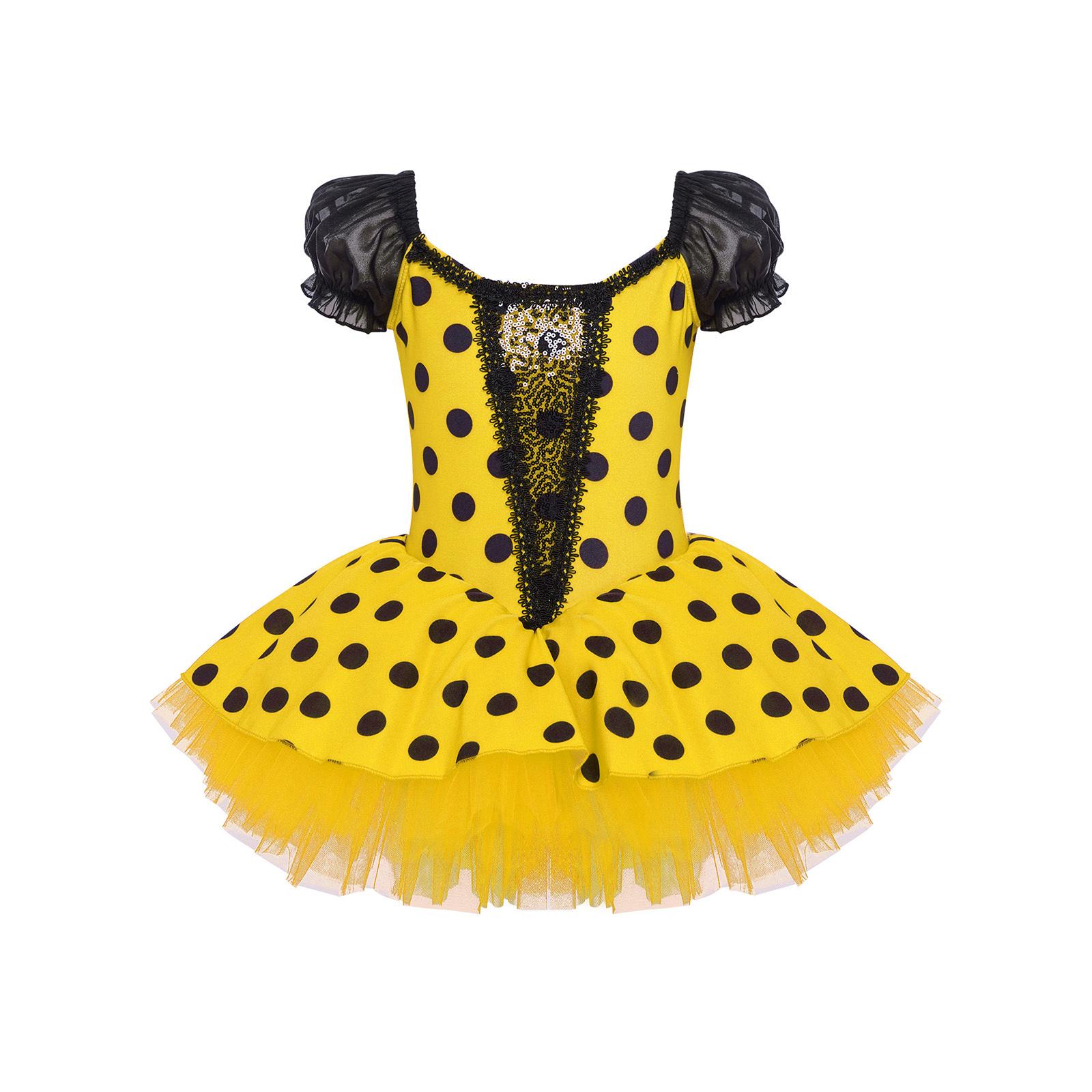 

Платье для балетных танцев для девочек, пышные рукава, блестящие пайетки, цветной блок, в горошек, платья-пачки, костюм для сценического выступления, танцевальная одежда 5-6 Years жёлтый