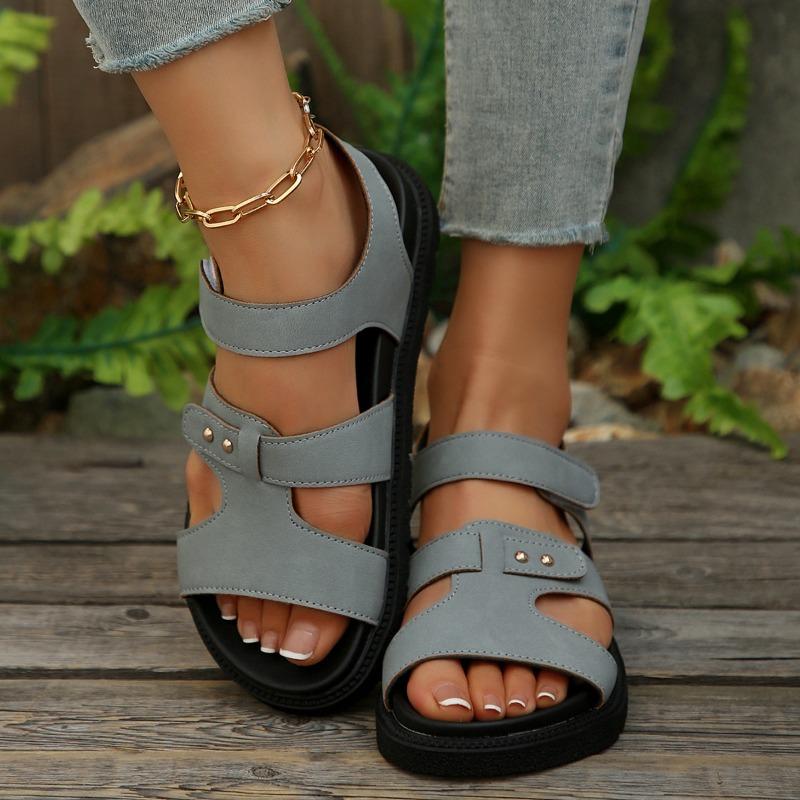 Large size slippers women's summer new one-word solid color casual versatile thick-bottomed Velcro beach cool slippers