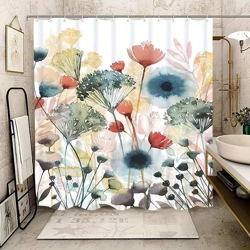 1pc Elegant Floral Ink Wash Painting Shower Curtain, High-End Polyester Bathroom Decor with Hooks, Machine Washable