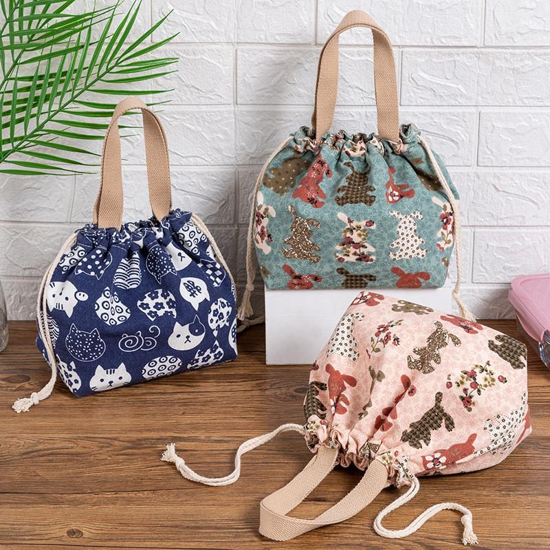 Japanese Lunch Bag Canvas Tote With Retro Bunny Design For Work And School
