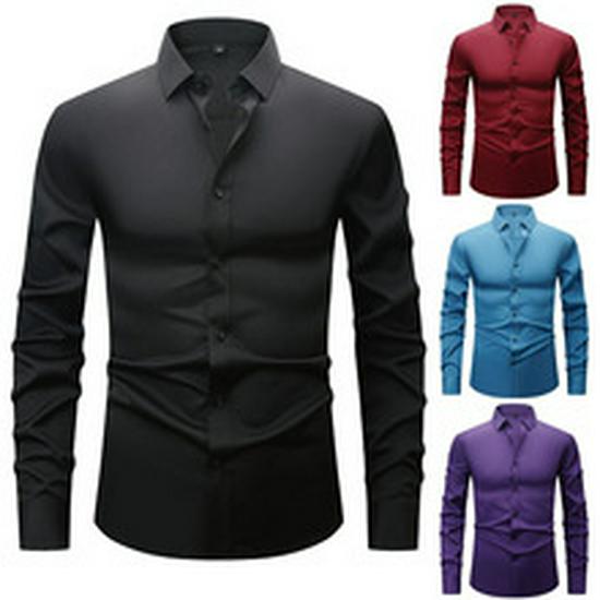 Men's White Four-Way Stretch Wrinkle-Resistant Long Sleeve Shirt - Formal and Casual Plus Size
