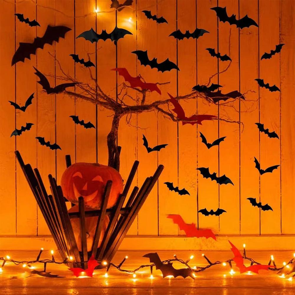 Runtow 48pcs Halloween Decorative Bat Stickers ,3D Stereoscopic Black Bat Stickers ,Party Ghost House Terrifying Wall Stickers