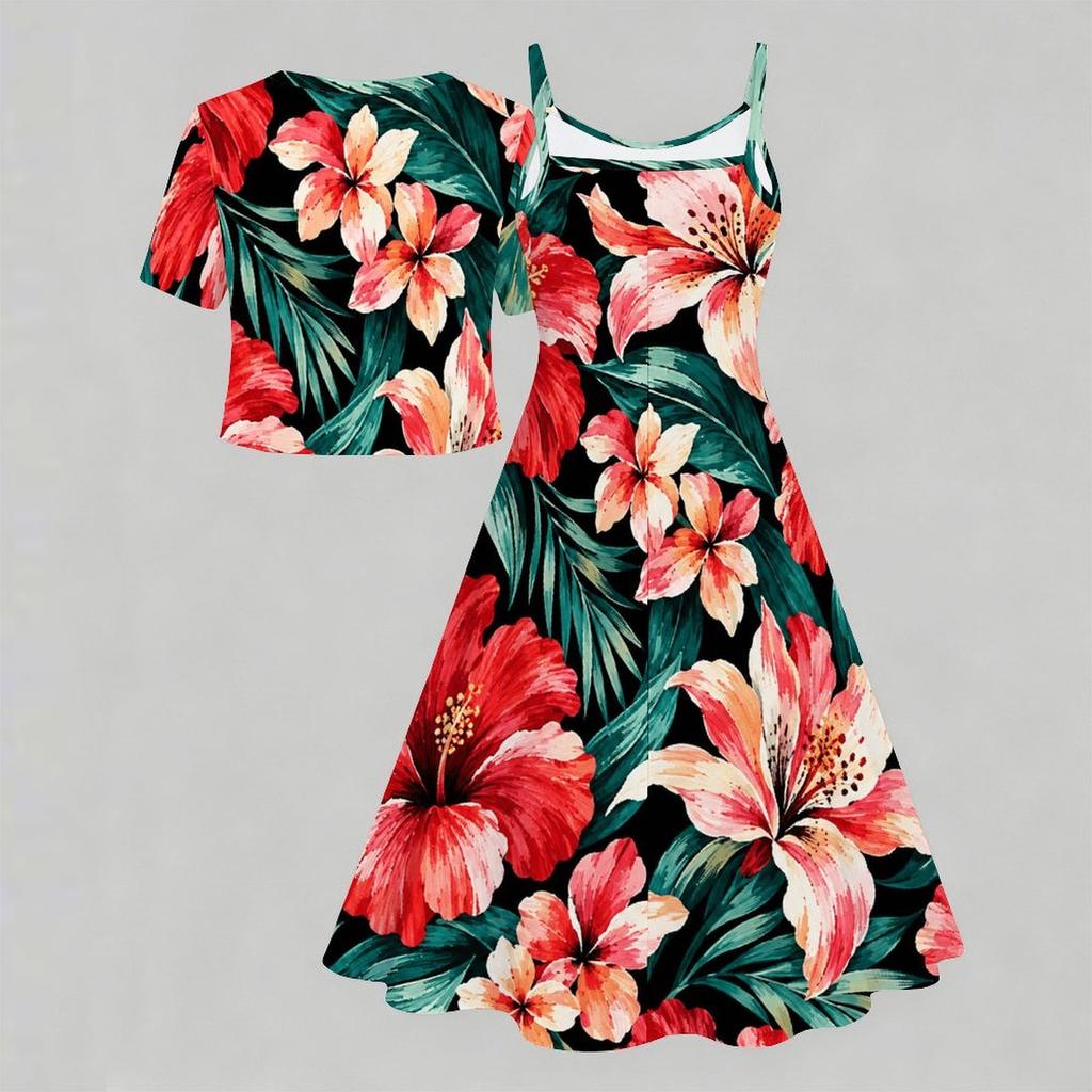 Women Plus Size Floral Printed Two Piece Set Short Sleeve Tie Front Shrug Strappy Flared Dress