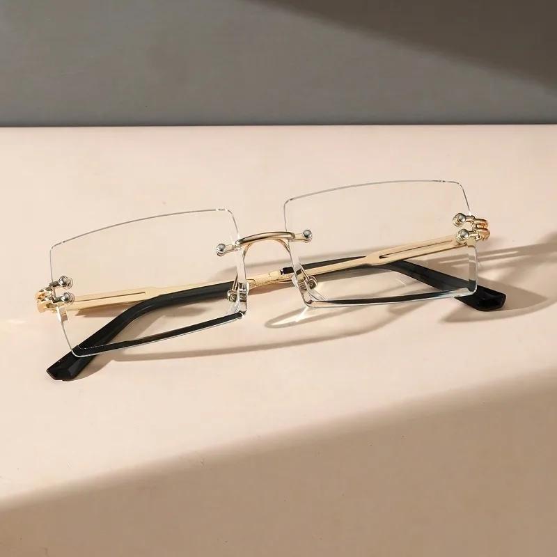 2PCS Retro Square Vintage Rimless Clear Lens Glasses for Women and Men Fashion Transparent Eyewear with Metal Frame and Hinges