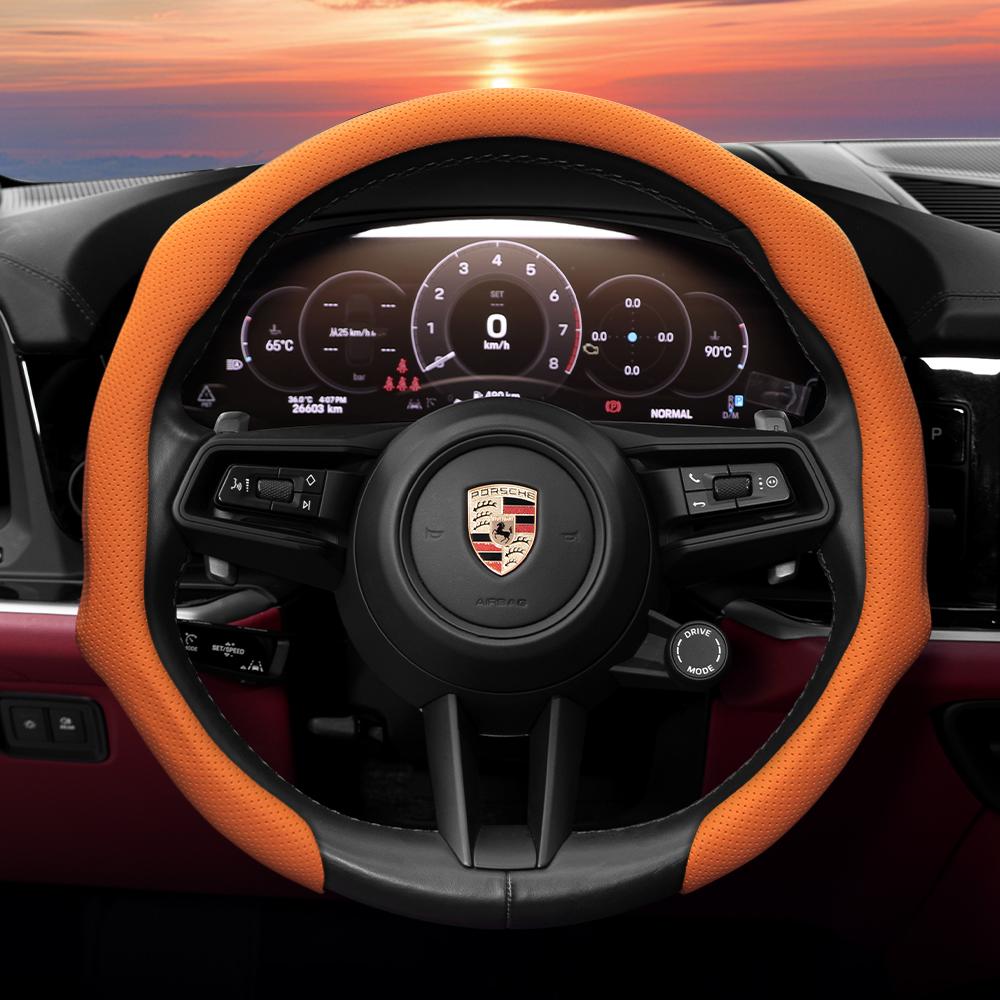Suitable for Porsche Snap-On Steering Wheel Cover, Anti-Slip, Sweat-Absorbent, Perforated, Breathable Protective Cover, Macan Cayenne Taycan Panamera