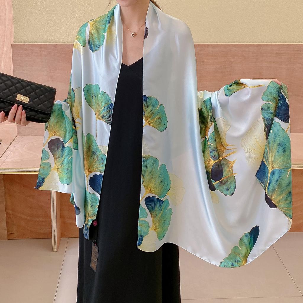 Simple gradient colour ginkgo leaves long silk scarf Elegant temperament ladies decorative sun shading shawl