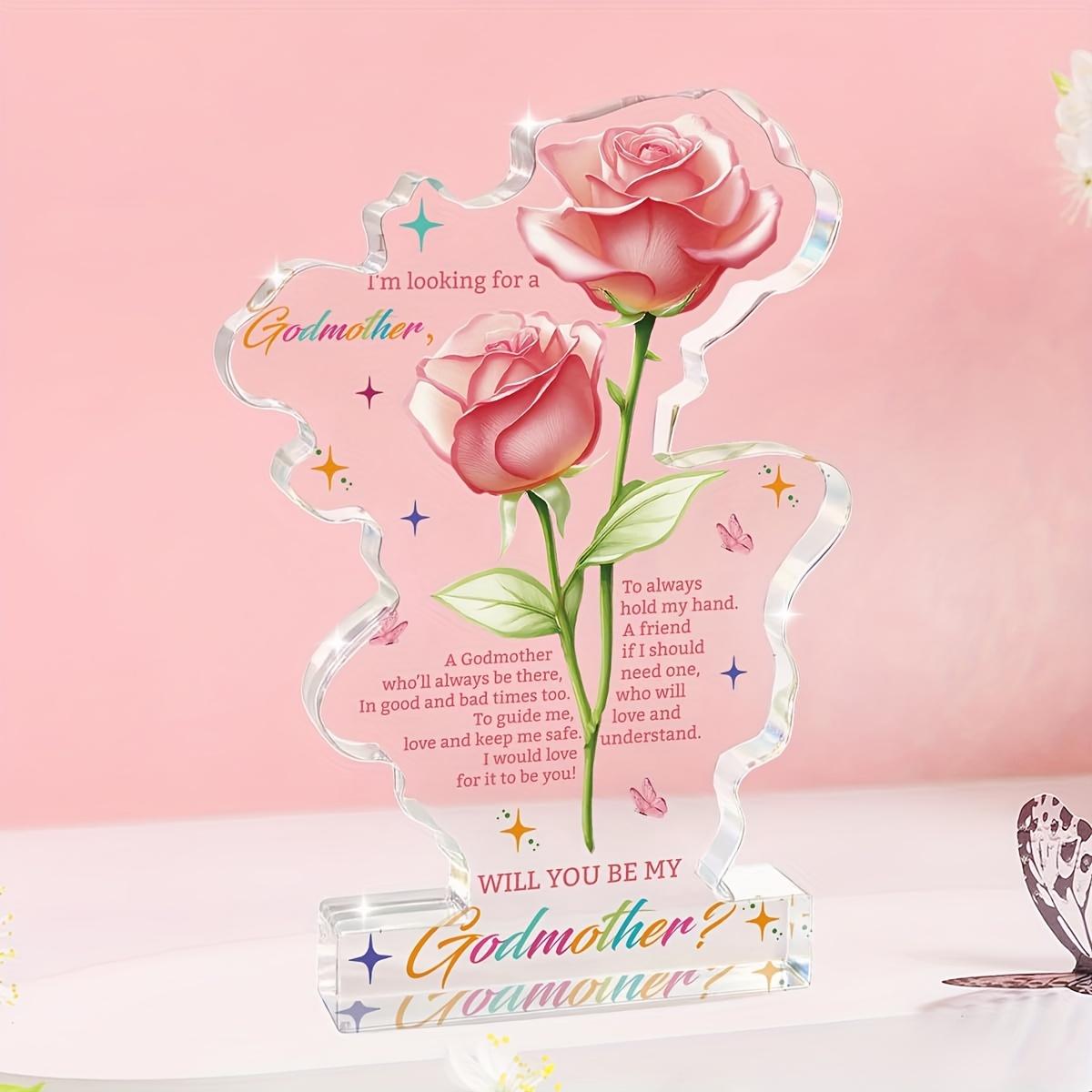 Godmother Proposal Acrylic Sign -  Will You Be My Godmother?  Elegant Pink Rose Design with Inspirational Quote, Perfect for Baptism, Mother S Day & 11.43*6.6cm