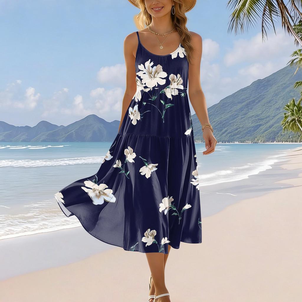 Women Bohemian Floral Print Sleeveless Adjustable Strap Pocket Midi Dress for Summer Beach Holiday Casual Wear