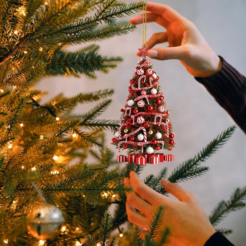 2024 Christmas Hanging Christmas Tree Ornaments Pendant with Candy Cane Ball Gift Box Decor for Home Party Table Decor