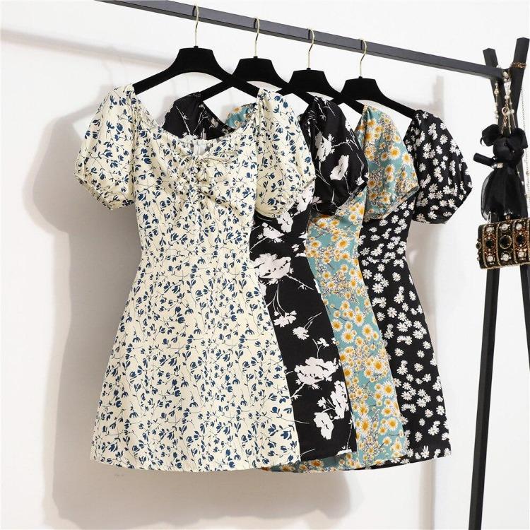 Korean Style Elegant Floral Printed Women Mini Dress Bohemian Pleated Puffy Sleeve Sexy Summer Vestidos Shirring Female Short Dress
