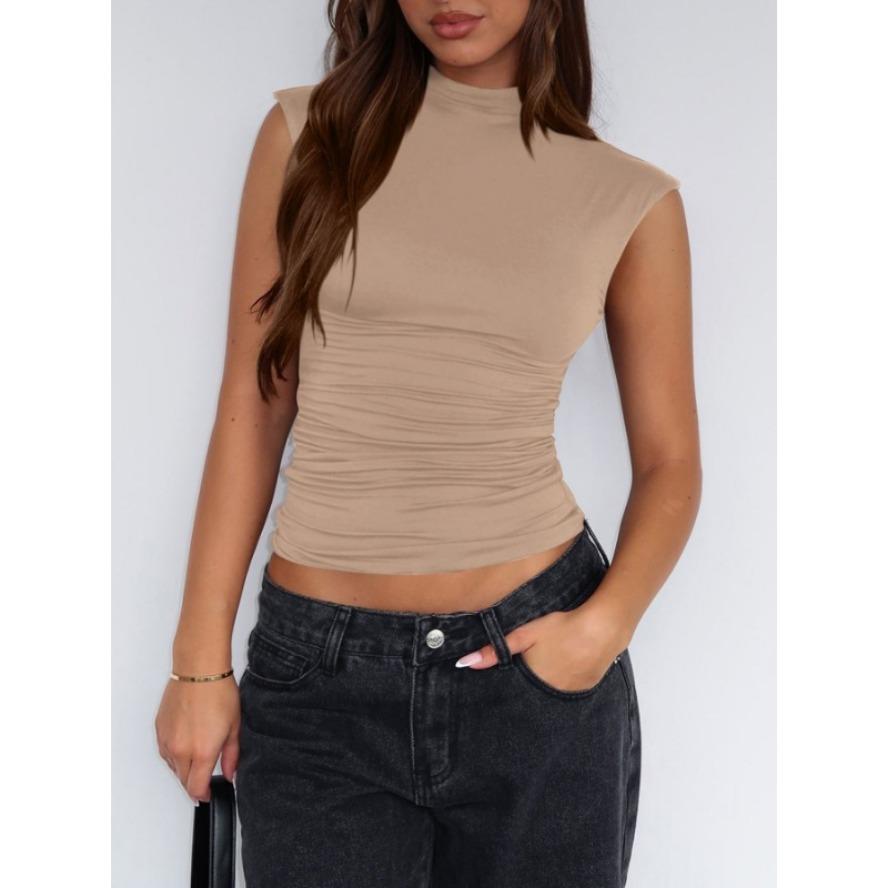 YYFS Moda Donna Casual Estate Primavera Tinta Unita Stampa Senza Maniche Mezzo Collo Alto Bluse e Camicie