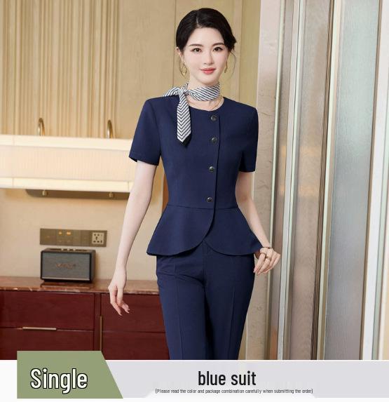 Women s Blue Short Sleeve Blazer Suit Set for Professional Wear S