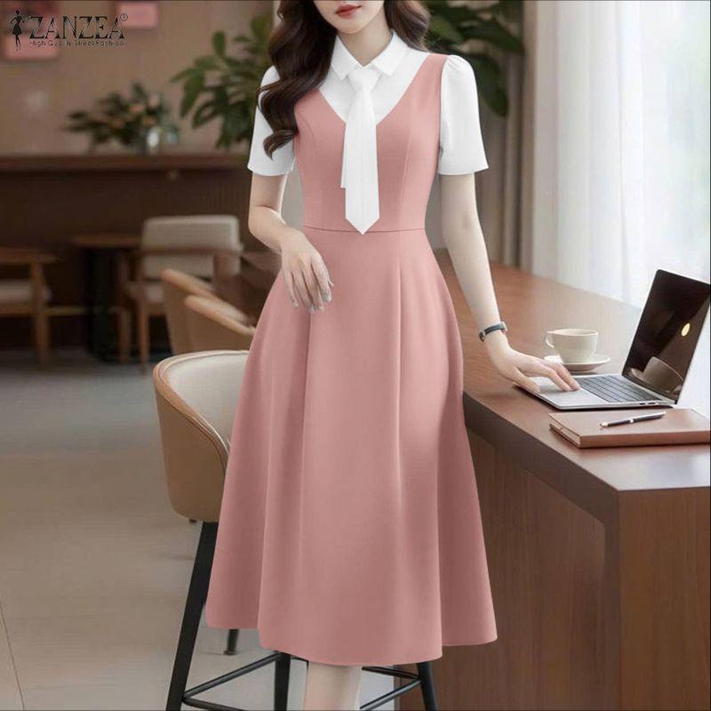 ZANZEA Women Summer Casual Loose Elegant Patchwork Short Sleeve Dress