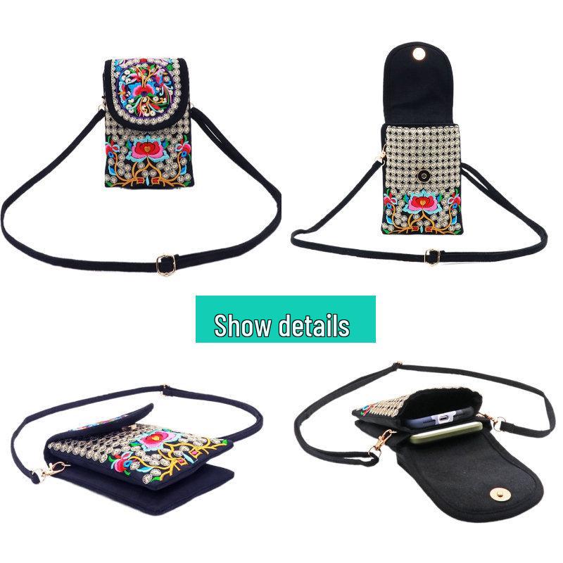 Crossbody Embroidered Womens Ethnic Canvas Handbag With Double Layer For Phone And Coins
