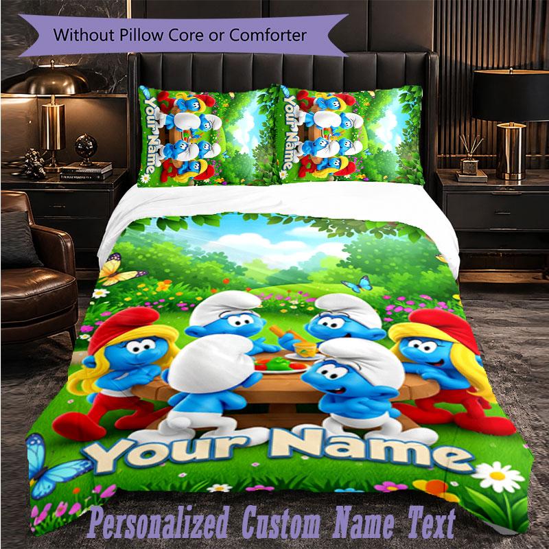 Personalized 3Pcs Bedding SetSmurfs Custom Text Duvet Cover Pillowcase Set Bedroom Gift