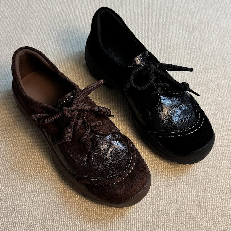 "Commuter Moral Training" Retro Academy Small 4cm Lace-up Round Toe Platform Single Shoes Women's British-style Leather Shoes