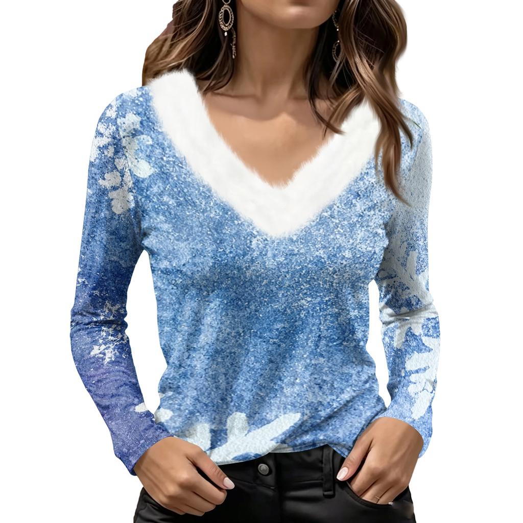 Women's Christmas Long Sleeve Top with Snowflake and Christmas Tree Print, Collar and V-Neck
