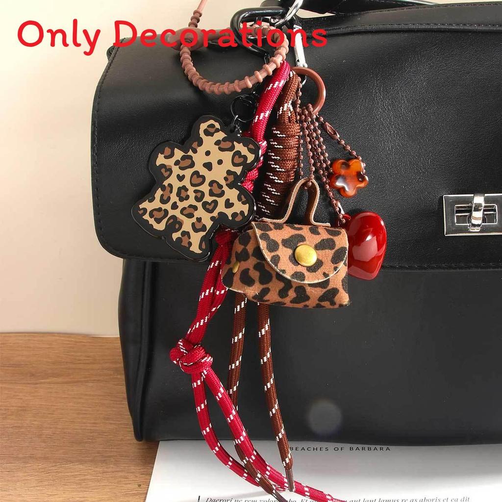 Miu Leather Leopard Print Keychain With Cute Bear And Heart Charm For Fashionable Bag Decor