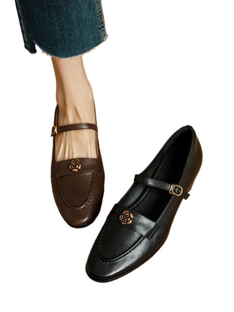 Vintage Round Head Medium Heel Single Shoes Women's Fashion One-word Buckle with Camellia Soft Sole Thick Heel Mary Jane Women's Shoes Small Leath
