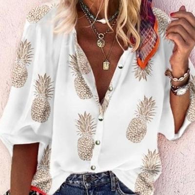 Blouses de bureau décontractées à imprimé ananas pour femmes Automne Revers chemises pour dames Mode Goût Contrôle d'accès Hauts féminins