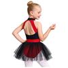 Girls Circus Ringmaster Leotard Halter Sleeveless Cutout Back Gold Trim Color Block Tulle Skirt for Halloween Role Playing Theme Party