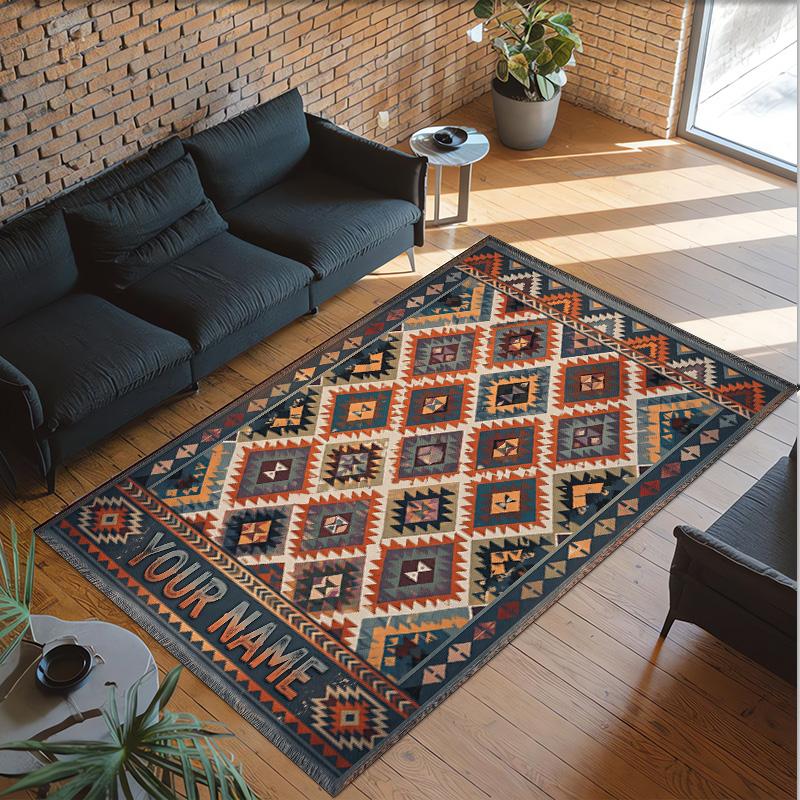 Abstract Geometric Theme Crystal Velvet Rug Personalized Custom Name Text Soft Floor Mat Home Decor