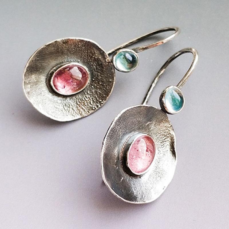 Simple Red and Green Moonstone Round Pendant Earrings Jewelry Retro Silver Famous Style Bohemian European and American Earrings Women