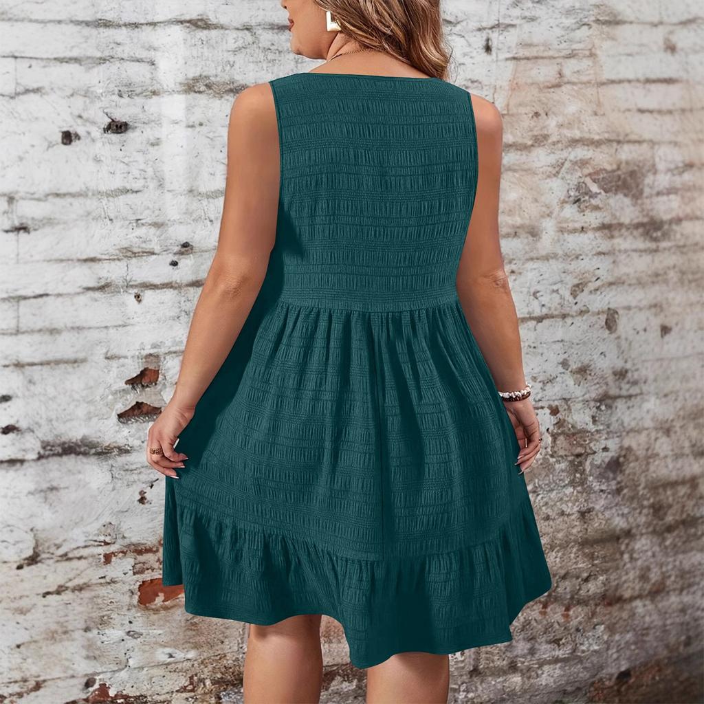 Damen Sommer Mode Farbe Große Größen Rundhals Rüschensaum Weste Lockeres Kleid