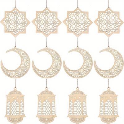 Lot de 12 décorations en bois pour l'Aïd Moubarak - Pendentif creux à suspendre - Décoration murale en forme de lanterne en forme de lune et d'étoile - Décoration festive pour l'islam musulman