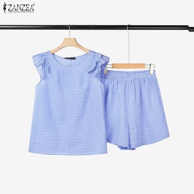 Women Sleeveless Tank Tops and Shorts Summer Grid Print Two Piece Sets