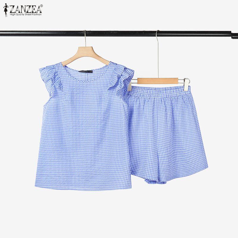 ZANZEA Women Sleeveless Tank Tops and Shorts Summer Grid Print Two Piece Sets